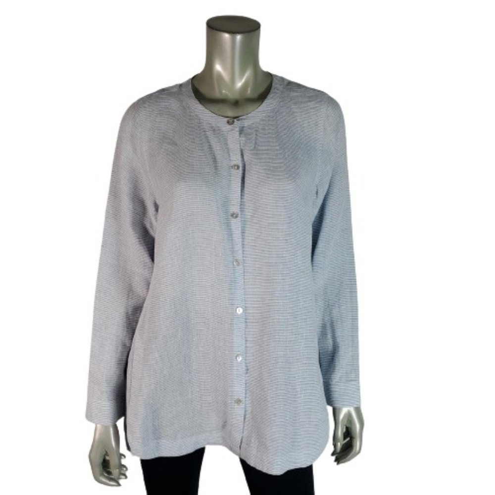 J. Jill Love Linen Top Size S 100% Linen Tunic Side Slits Button Front Blue‎